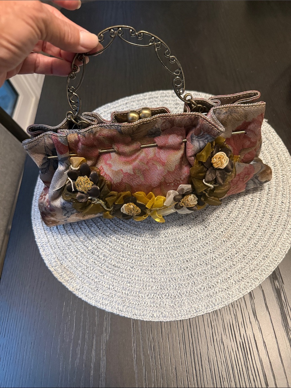 Floral Embellished Pink Fabric Handbag with Decorative Handle